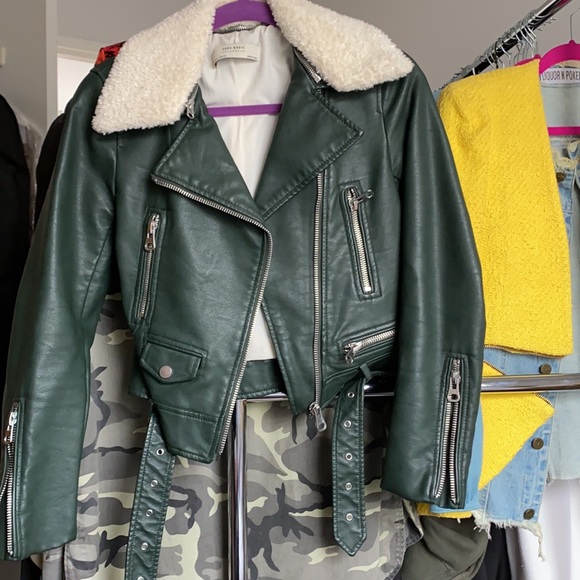 Zara Leather Green Jacket with removal Collar - Picture 5 of 16
